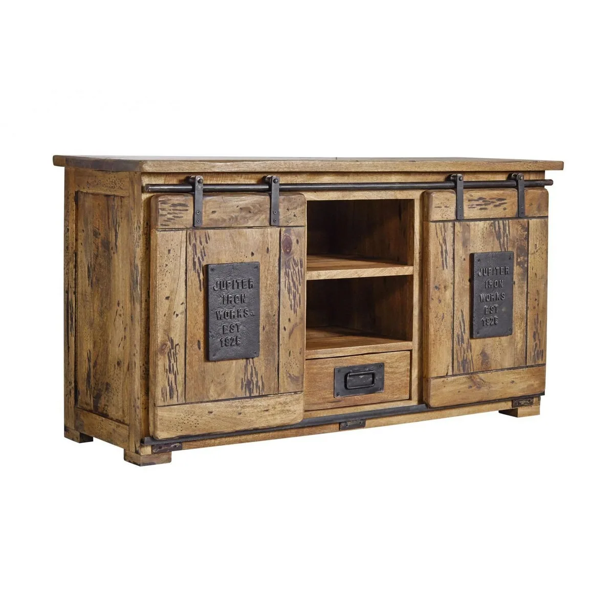 Massivmoebel24 Sideboard RAILWAY, aus massivem Mangoholz, charmantes Design — 128x45x70 cm