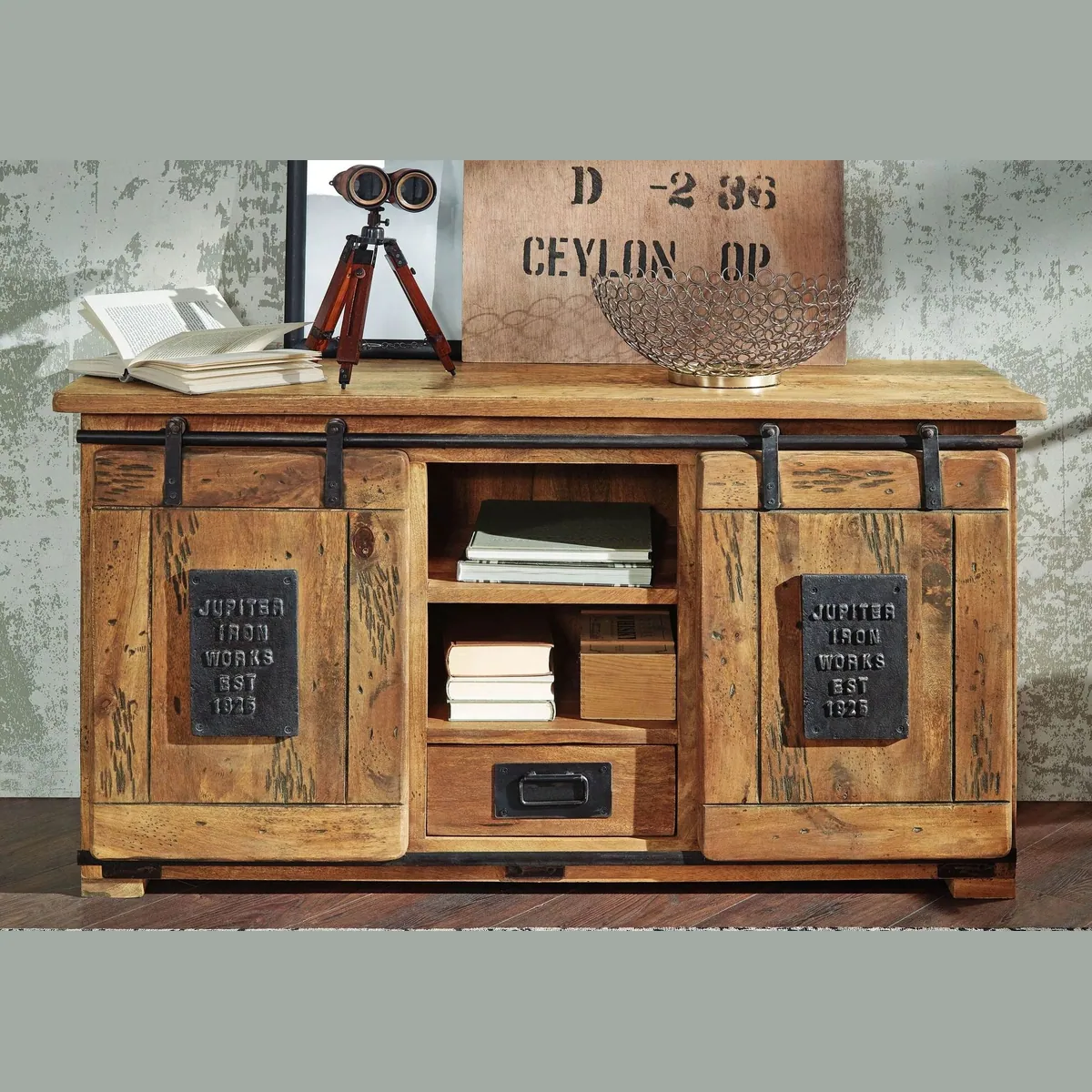 Massivmoebel24 Sideboard RAILWAY, aus massivem Mangoholz, charmantes Design — 128x45x70 cm 3