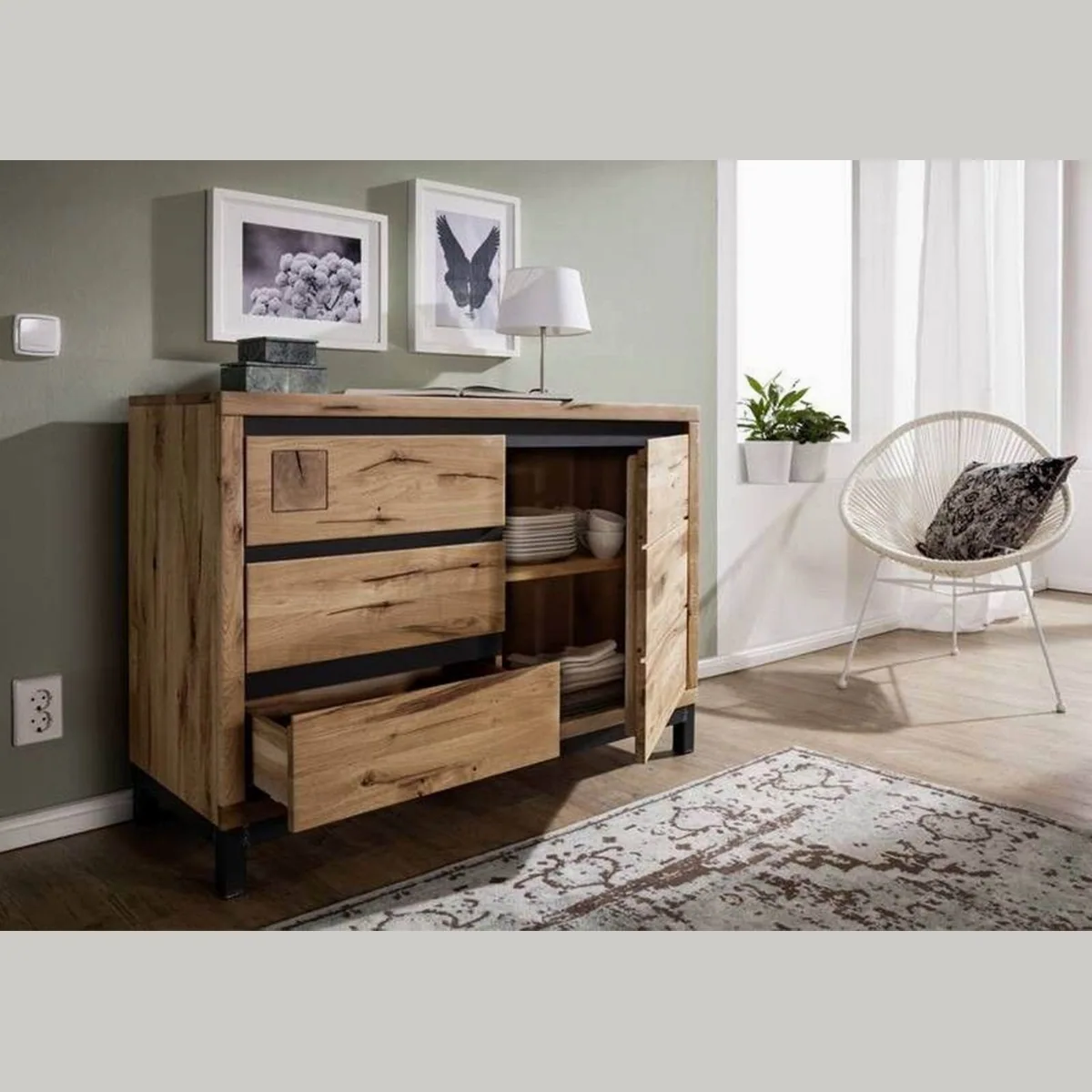 Massivmoebel24 Sideboard VILLANDERS, Wildeiche, moderne Metallakzente 4