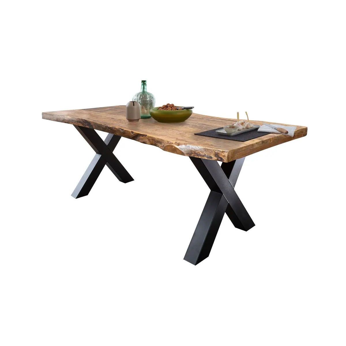 Massivart Baumkantentisch TOMASO, Massivholz Mango, 55 mm Tischplatte, X-Gestell aus Metall