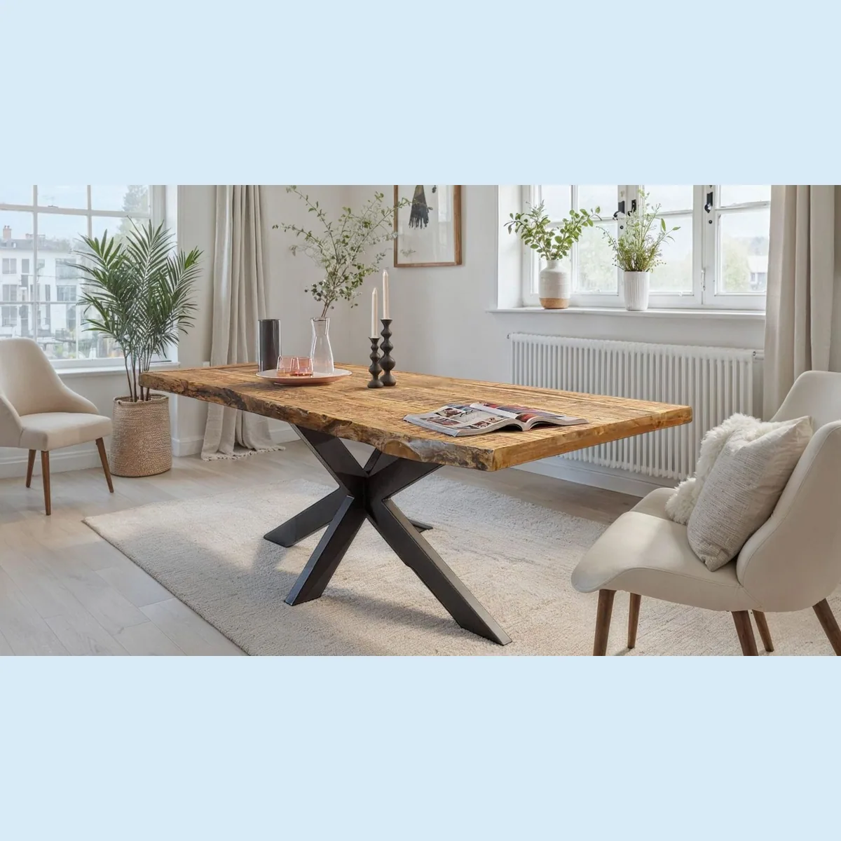 Massivart Baumkantentisch TIM, Massivholz Mangoholz, 55 mm Tischplatte, Spider X-Gestell schwarz
