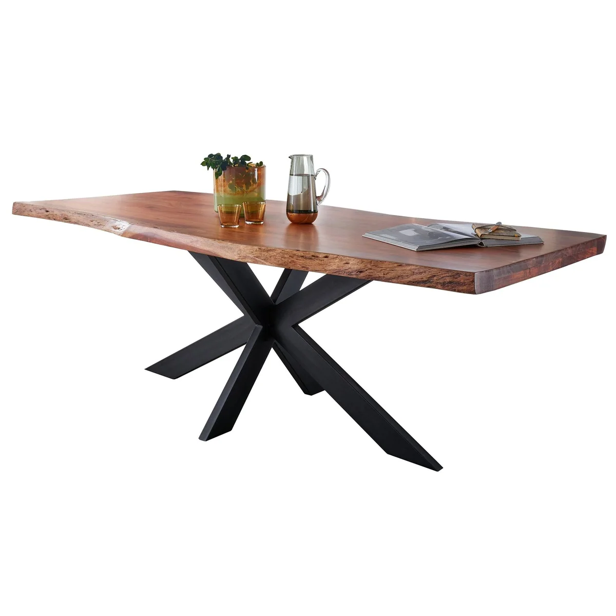 Massivart Baumkantentisch TIM, Akazie Massivholz, 55 mm Tischplatte, X-Gestell schwarz