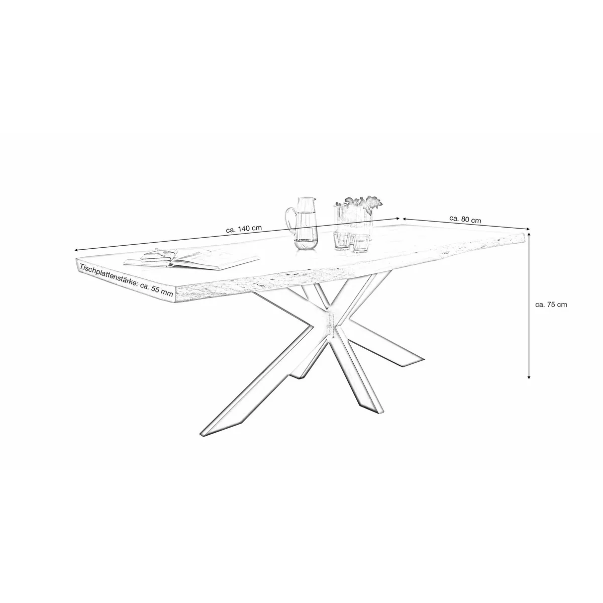 Massivart Baumkantentisch TIM, Akazie Massivholz, 55 mm Tischplatte, X-Gestell schwarz 3