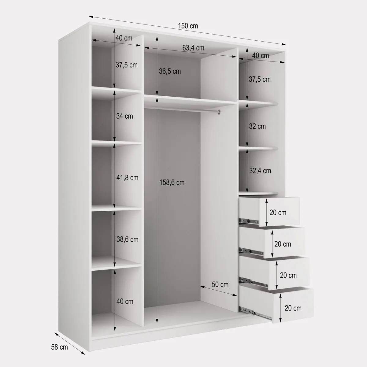 Masseno Schwebetürenschrank TARI, 150 cm, elegantes Design, großzügiger Stauraum, großer Spiegel 4