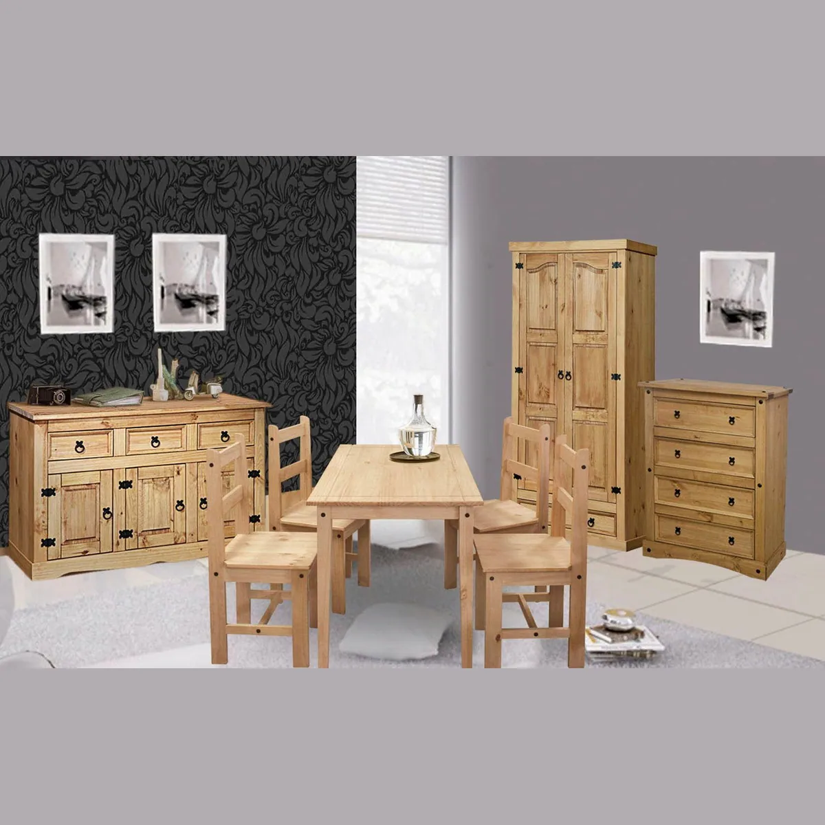 MÖBILIA Essgruppe, 5-teilig, honigfarbene Holzoberfläche, ergonomische Stühle