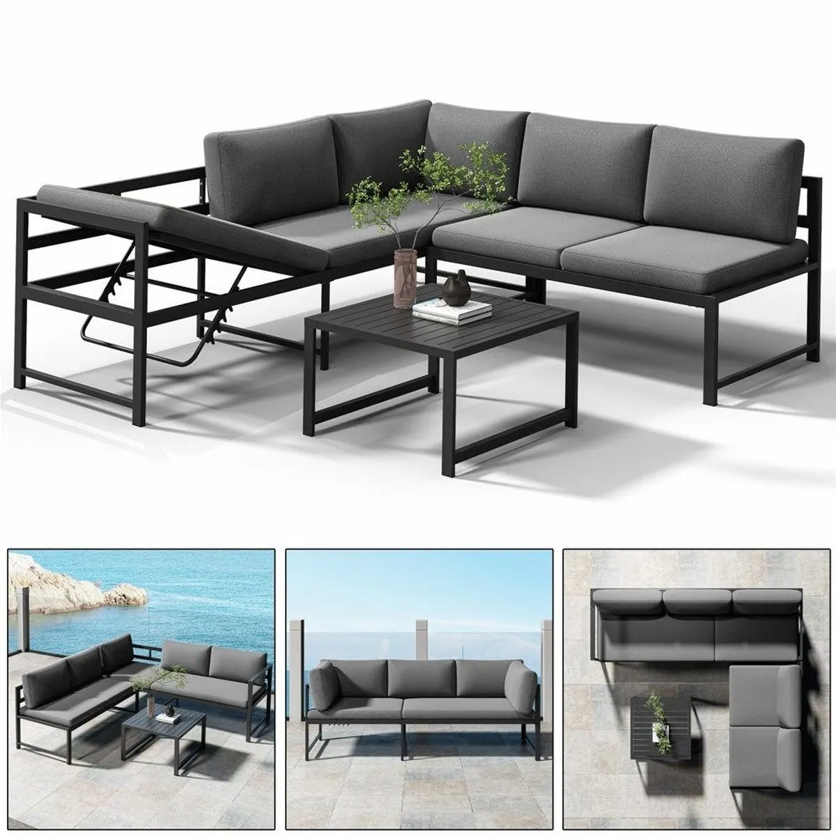 Melko Gartenlounge-Set, 3-teilig, Aluminium, wetterfest, mit Liegefunktion 2