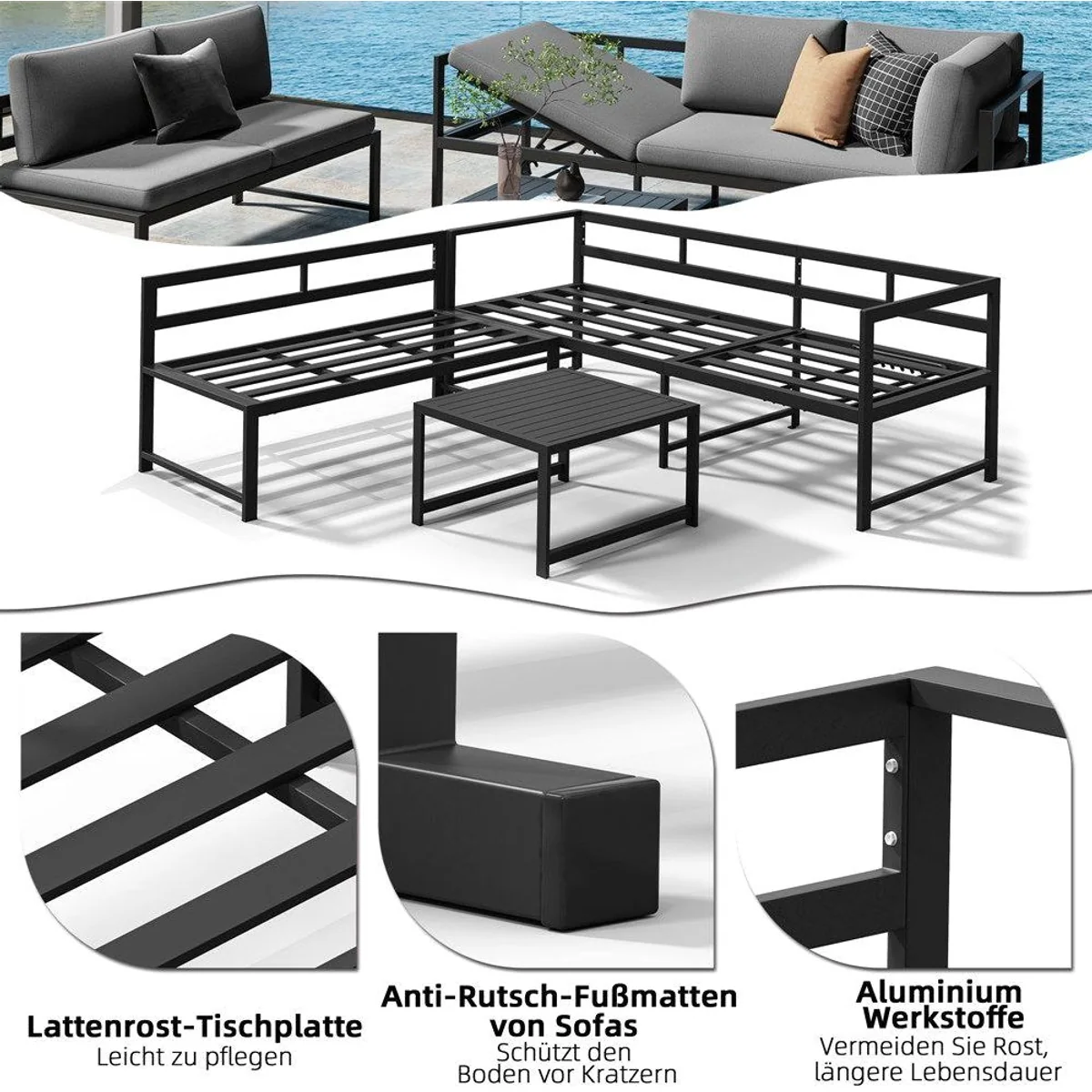 Melko Gartenlounge-Set, 3-teilig, Aluminium, wetterfest, mit Liegefunktion 4