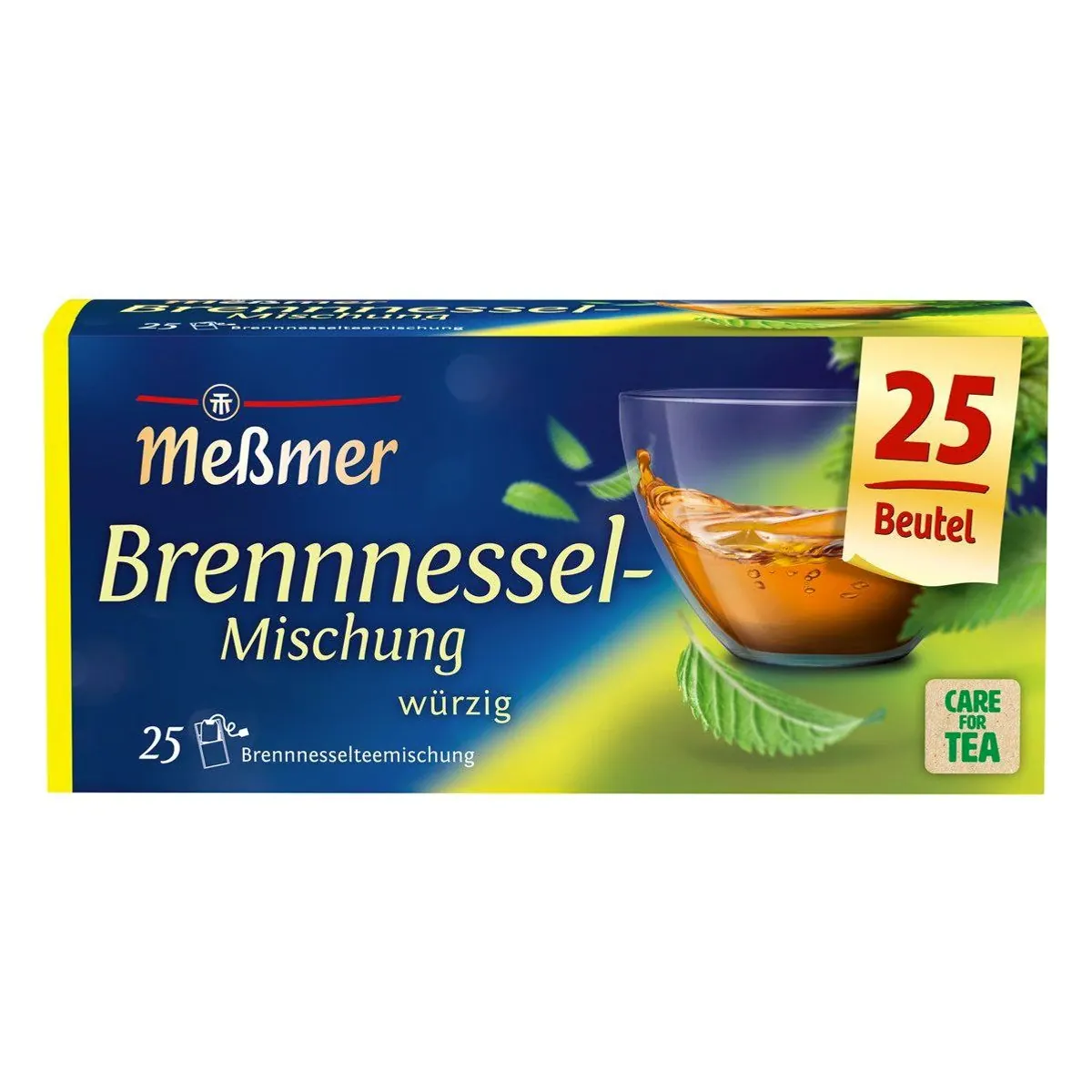Meßmer Brennnessel Mischung, mild und würzig, 25 Teebeutel — koffeinfrei, praktische Portionierung, klare Tassenfarbe