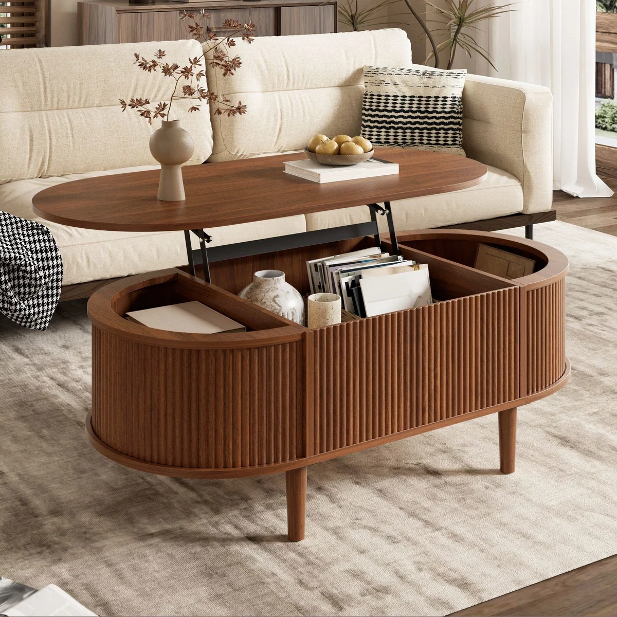 Merax ovaler Couchtisch mit Liftfunktion, elegantes Design & Stauraum
