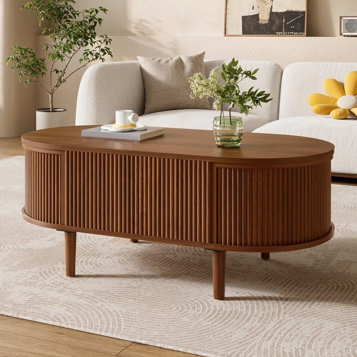 Merax ovaler Couchtisch mit Liftfunktion, elegantes Design & Stauraum 2