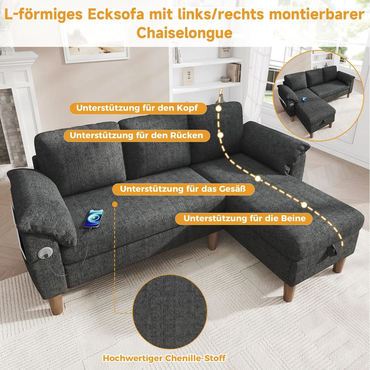 Merax L-förmiges Ecksofa, praktischer Stauraum, USB-Anschluss — flexibel & komfortabel 4
