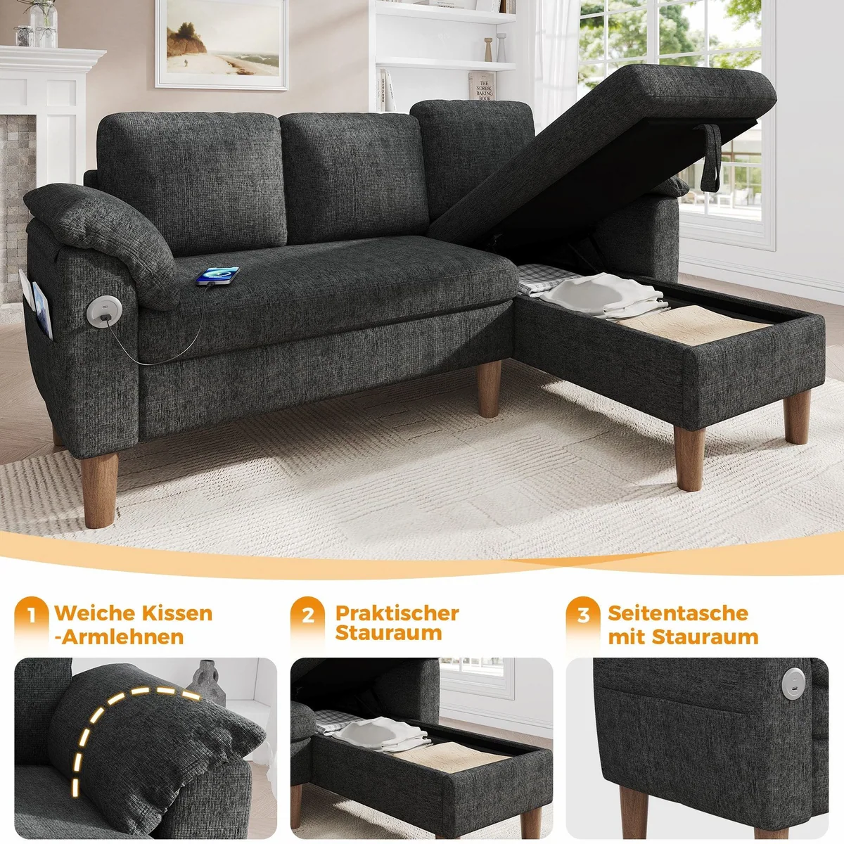 Merax L-förmiges Ecksofa, praktischer Stauraum, USB-Anschluss — flexibel & komfortabel 5