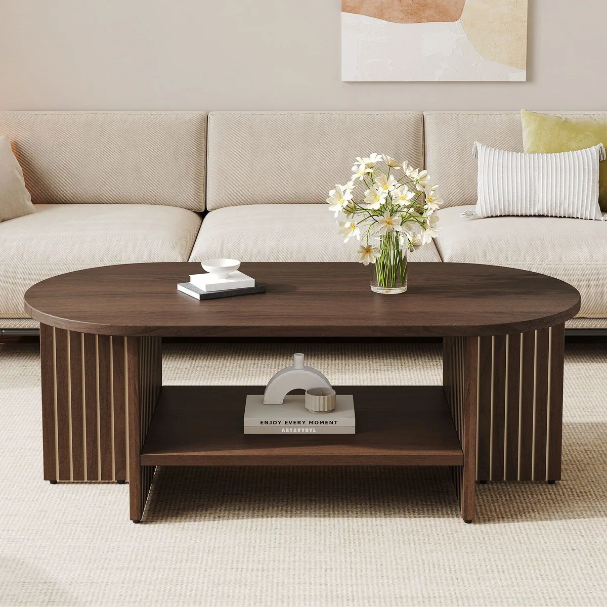 Merax Couchtisch oval, Walnussoptik, modernes Rillen-Design — praktischer Stauraum, pflegeleicht, vielseitig