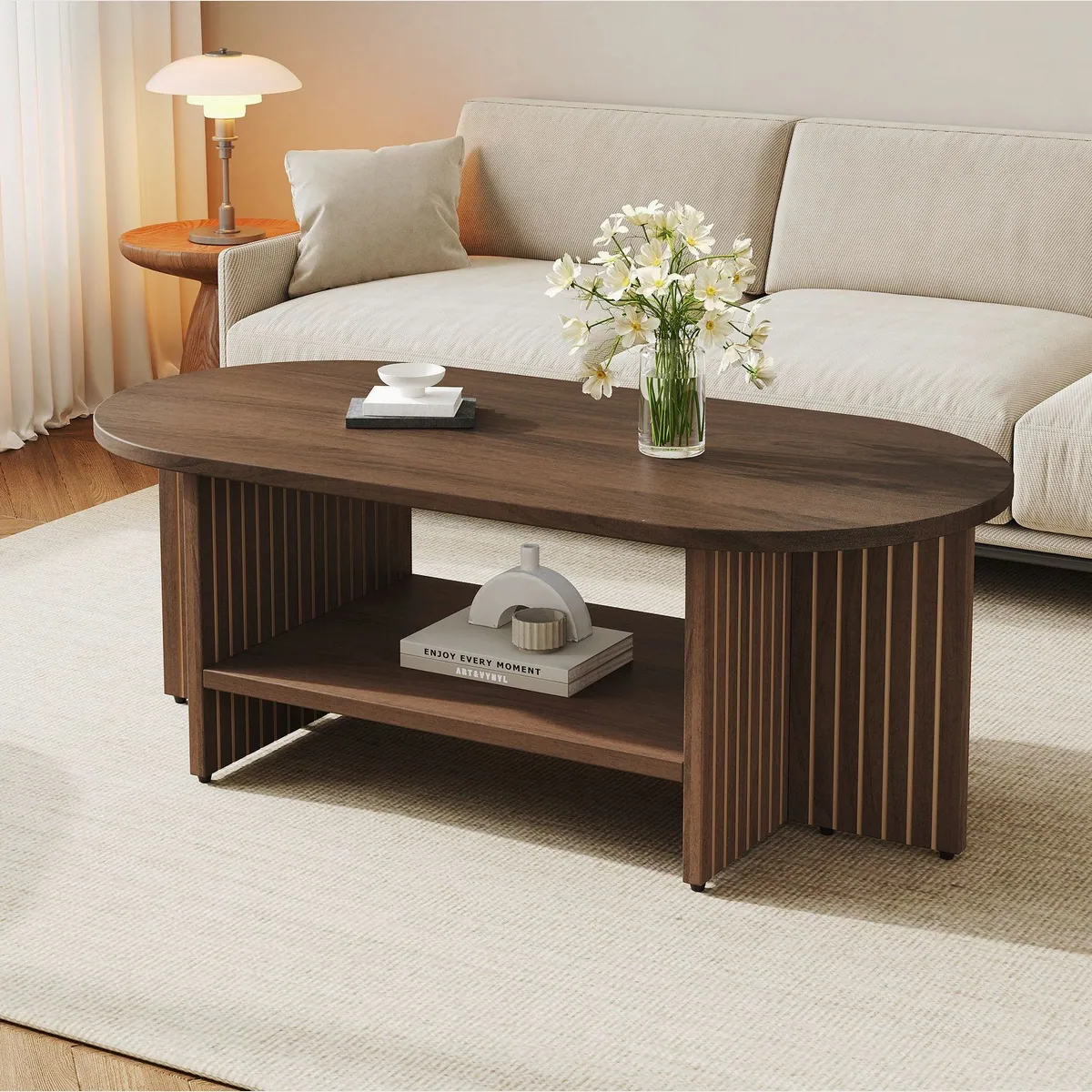 Merax Couchtisch oval, Walnussoptik, modernes Rillen-Design — praktischer Stauraum, pflegeleicht, vielseitig 2