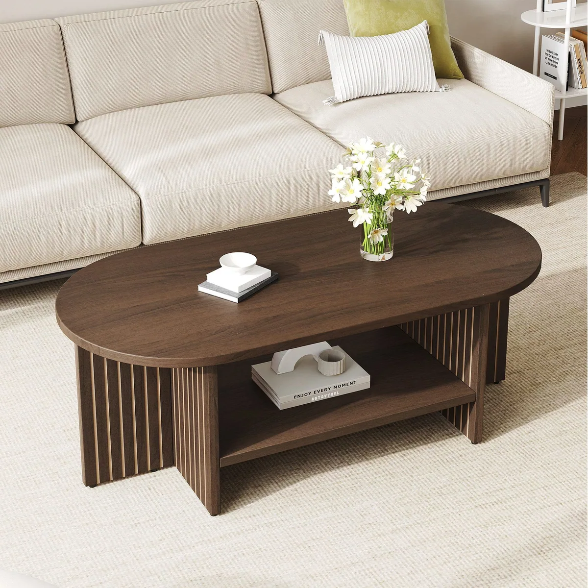 Merax Couchtisch oval, Walnussoptik, modernes Rillen-Design — praktischer Stauraum, pflegeleicht, vielseitig 3