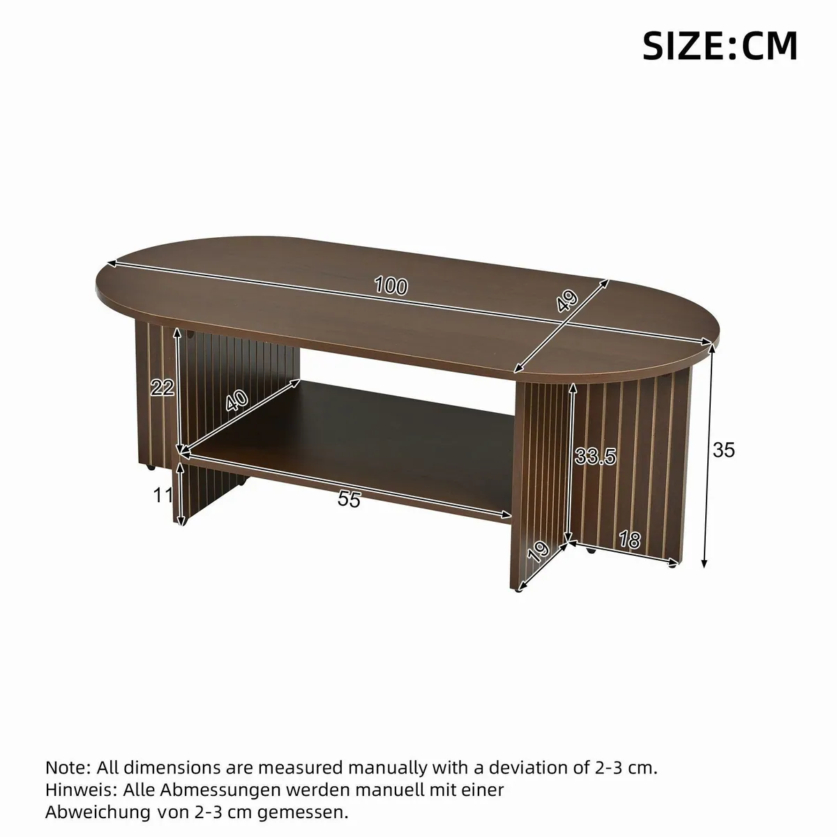 Merax Couchtisch oval, Walnussoptik, modernes Rillen-Design — praktischer Stauraum, pflegeleicht, vielseitig 4