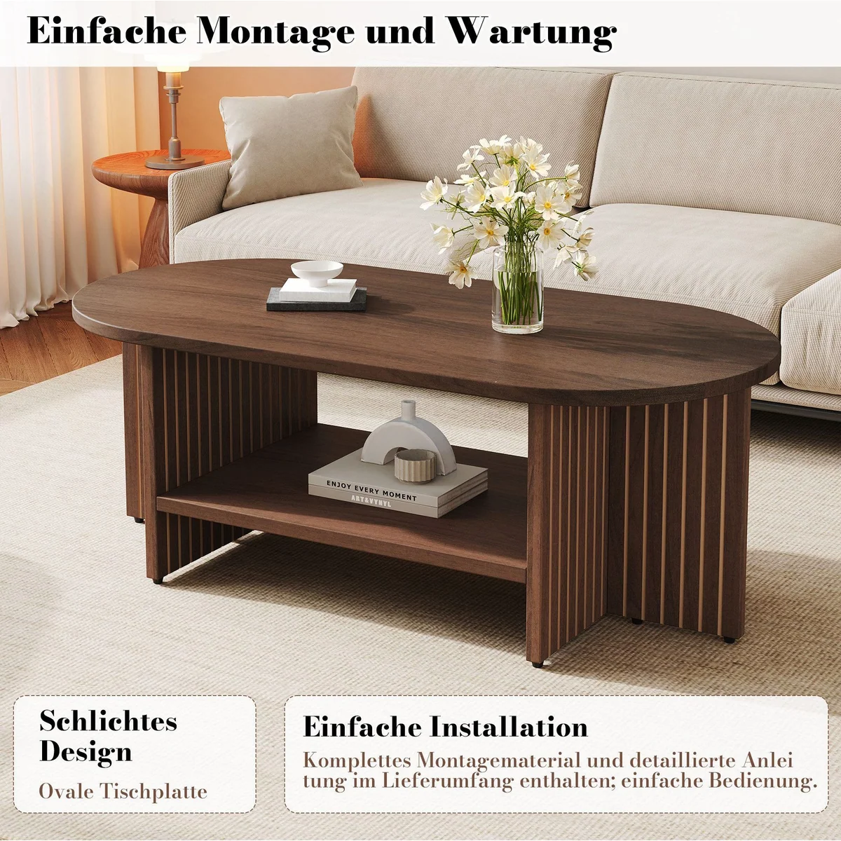 Merax Couchtisch oval, Walnussoptik, modernes Rillen-Design — praktischer Stauraum, pflegeleicht, vielseitig 5