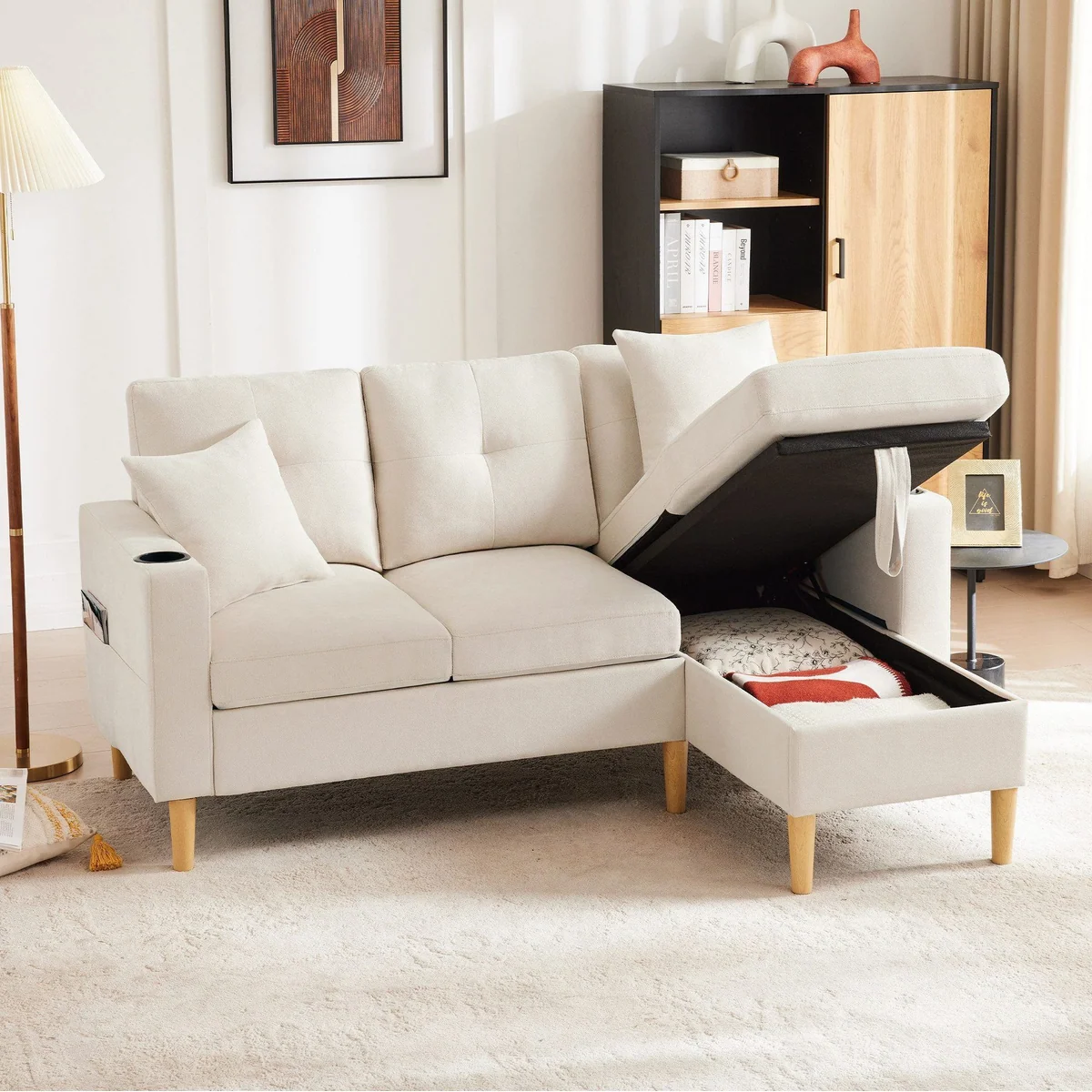 Merax 3-Sitzer Ecksofa, L-förmiges Design mit Stauraum und Getränkehaltern