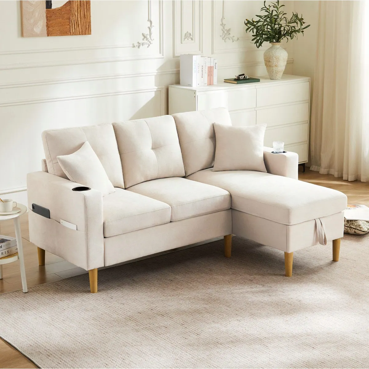 Merax 3-Sitzer Ecksofa, L-förmiges Design mit Stauraum und Getränkehaltern 2