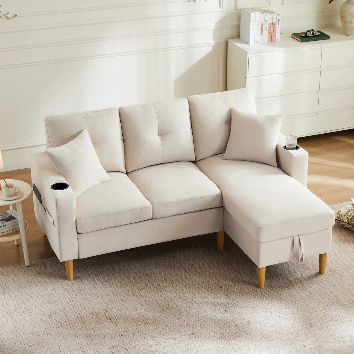 Merax 3-Sitzer Ecksofa, L-förmiges Design mit Stauraum und Getränkehaltern 4