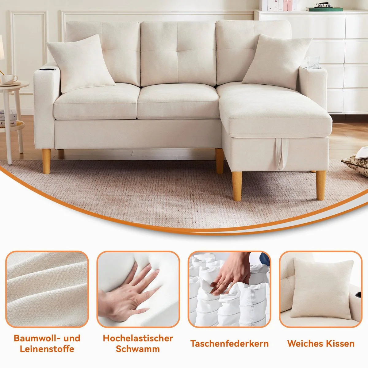 Merax 3-Sitzer Ecksofa, L-förmiges Design mit Stauraum und Getränkehaltern 5