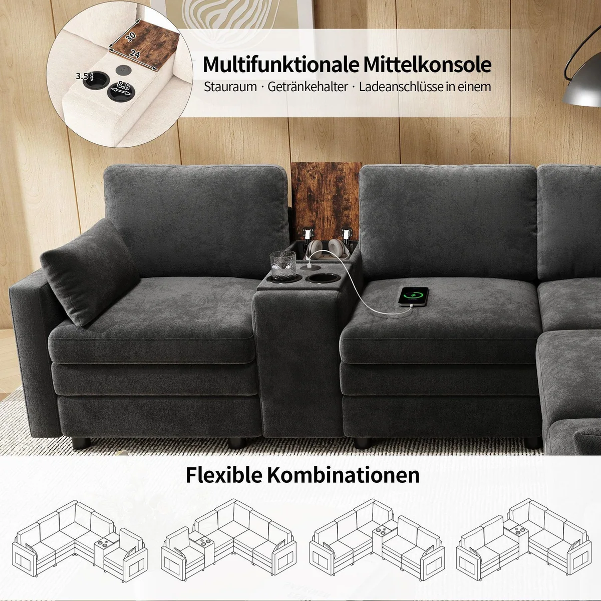 Merax Ecksofa L-Form, wendbare Mittelkonsole & USB-Anschlüsse — komfortabel, modular, flexibel 5