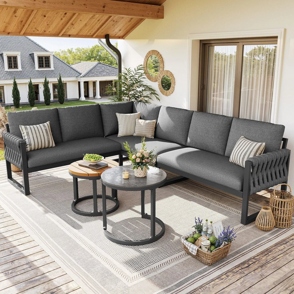 Merax Gartenlounge-Set, L-förmiges 5-tlg. Sofa-Set mit verstellbaren Tischen