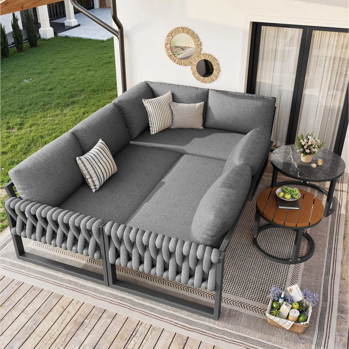 Merax Gartenlounge-Set, L-förmiges 5-tlg. Sofa-Set mit verstellbaren Tischen 2