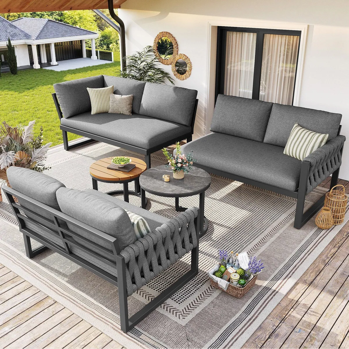 Merax Gartenlounge-Set, L-förmiges 5-tlg. Sofa-Set mit verstellbaren Tischen 3