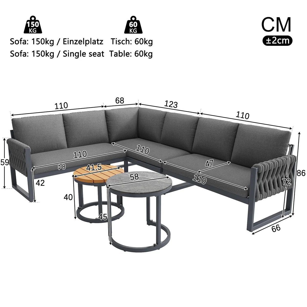 Merax Gartenlounge-Set, L-förmiges 5-tlg. Sofa-Set mit verstellbaren Tischen 4