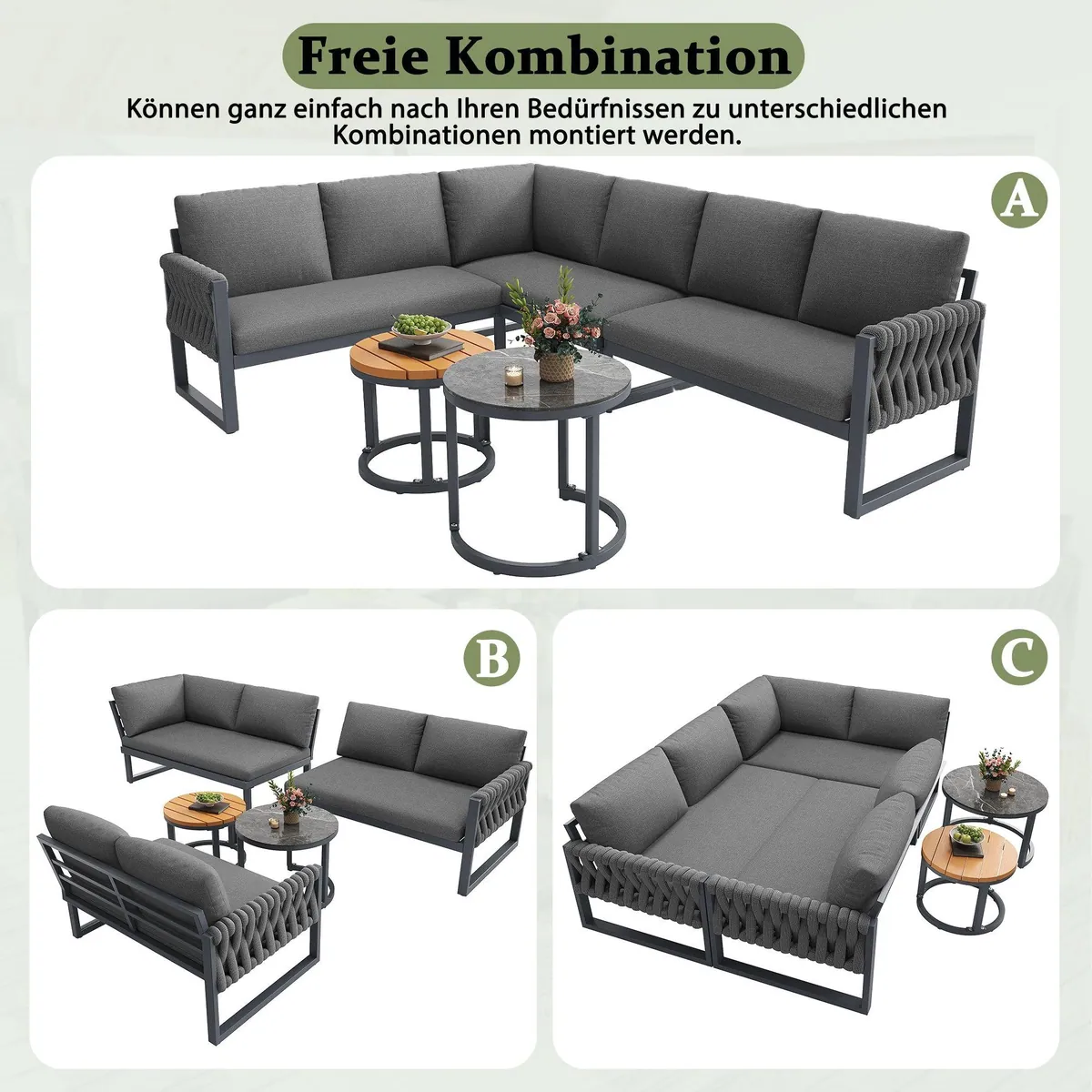 Merax Gartenlounge-Set, L-förmiges 5-tlg. Sofa-Set mit verstellbaren Tischen 5