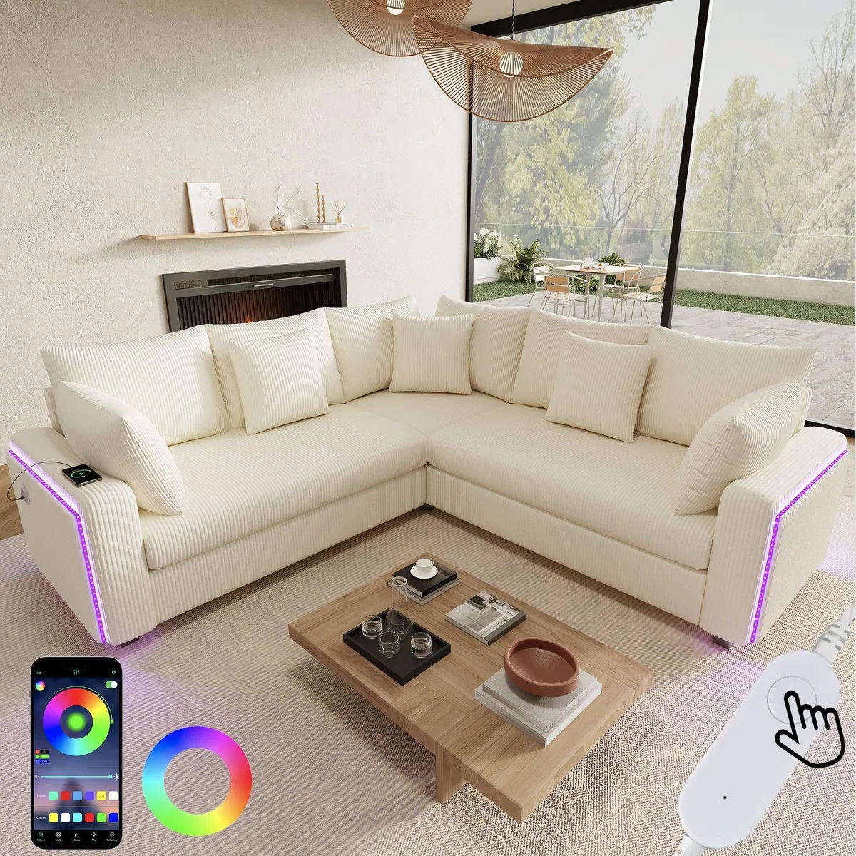 Merax Ecksofa mit LED-Beleuchtung, USB-Anschlüssen, Cordstoff — L-förmiges 5-Sitzer Sofa