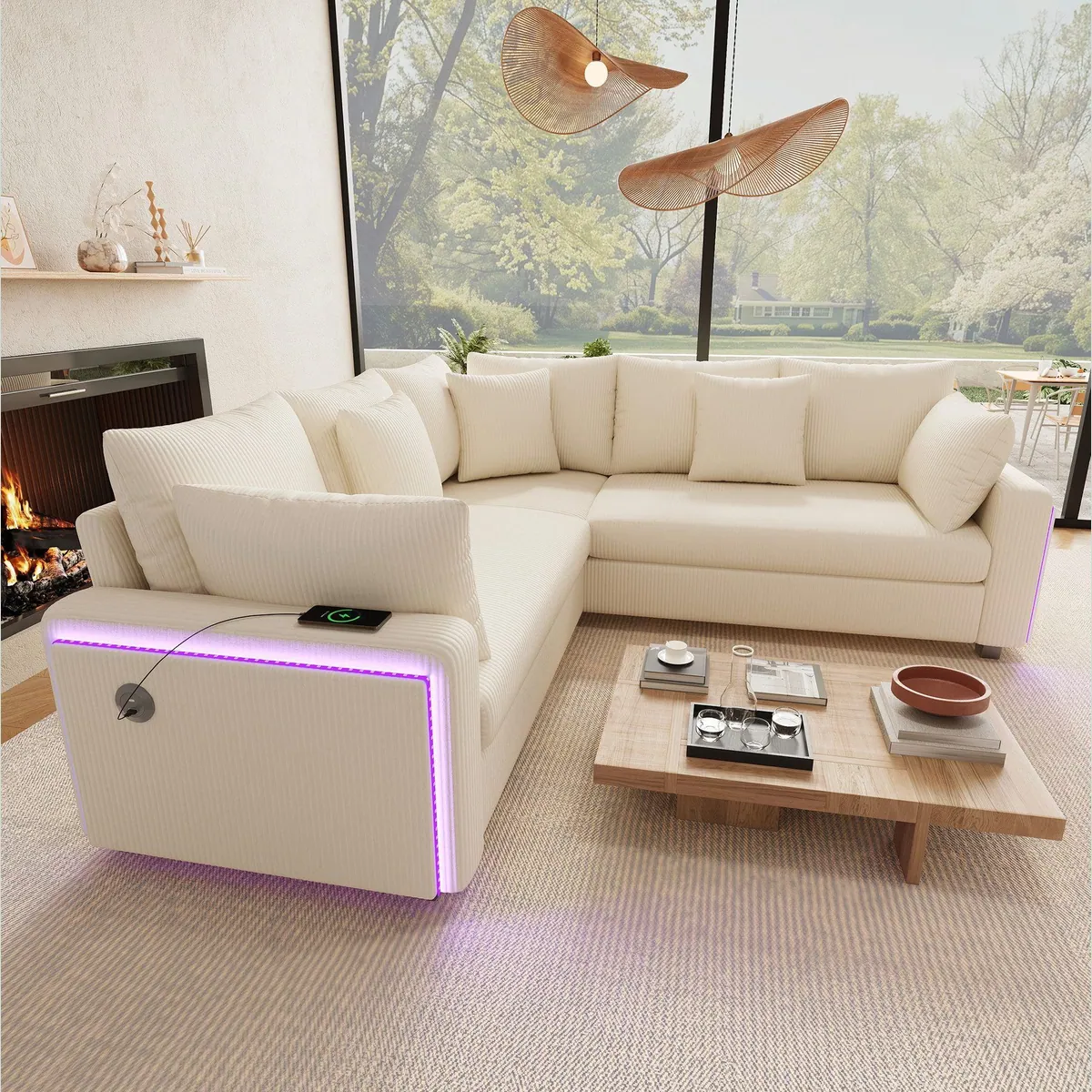 Merax Ecksofa mit LED-Beleuchtung, USB-Anschlüssen, Cordstoff — L-förmiges 5-Sitzer Sofa 2