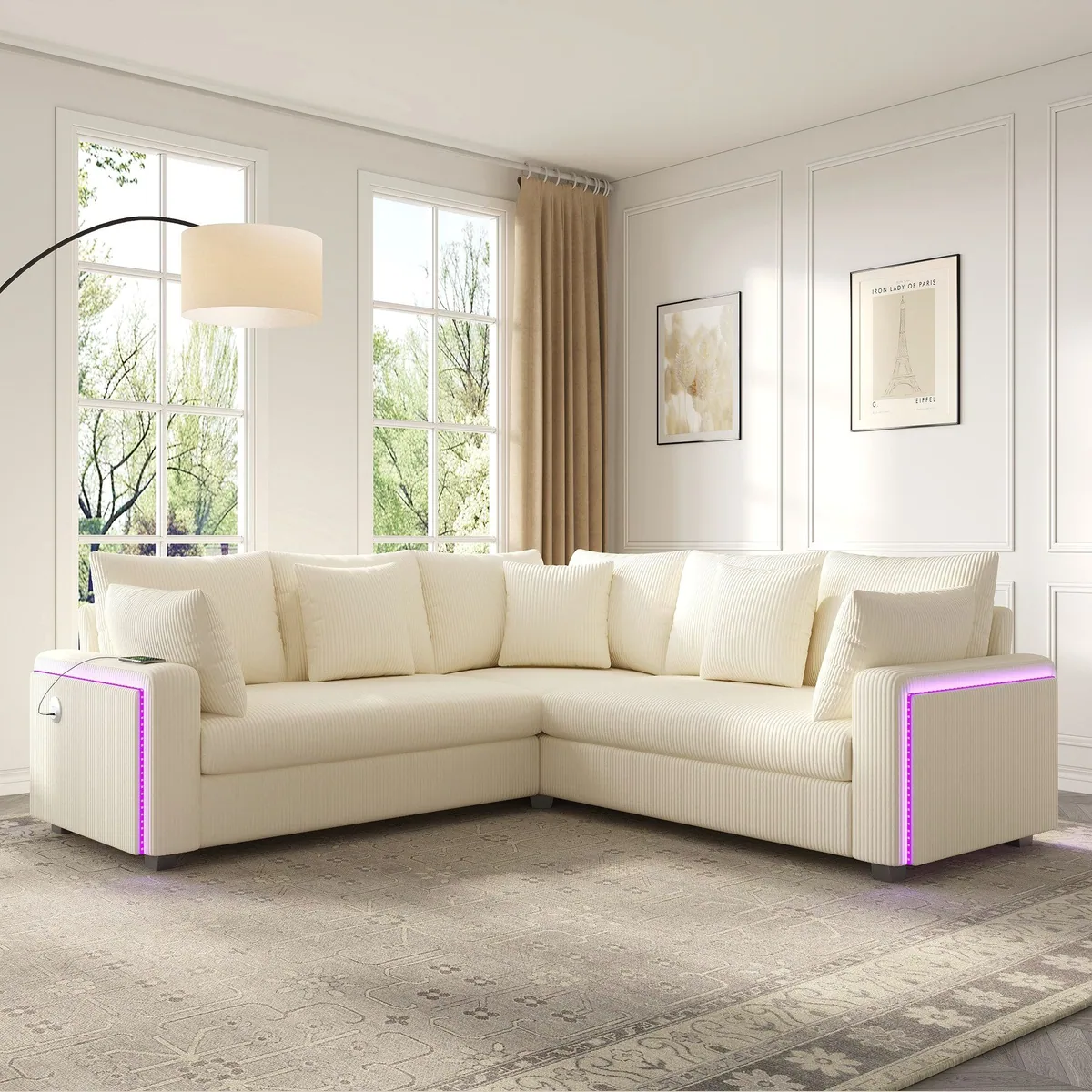 Merax Ecksofa mit LED-Beleuchtung, USB-Anschlüssen, Cordstoff — L-förmiges 5-Sitzer Sofa 3