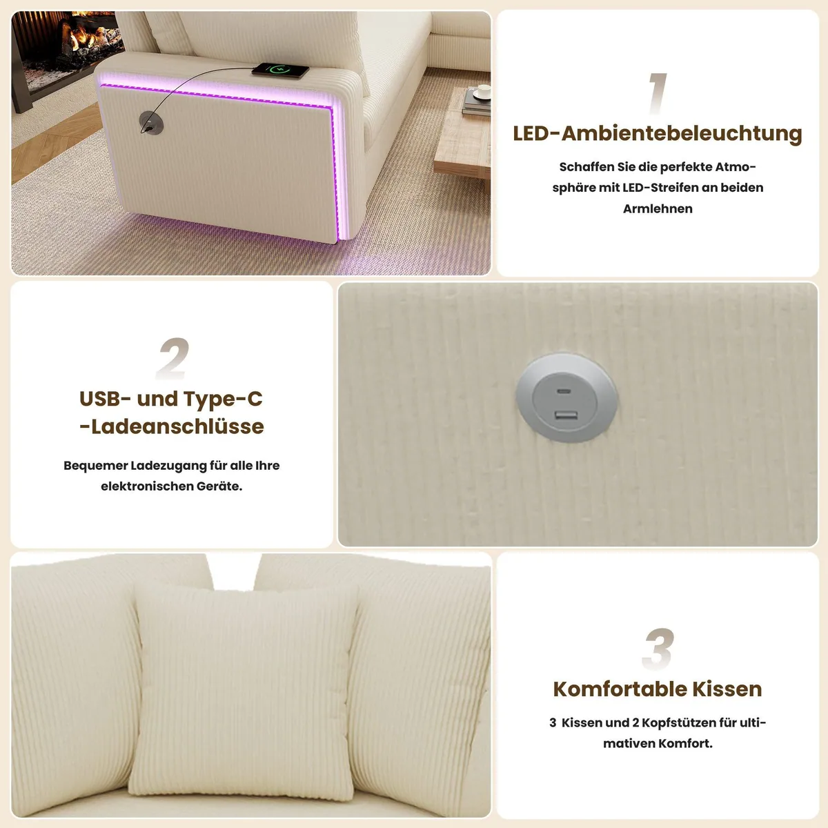 Merax Ecksofa mit LED-Beleuchtung, USB-Anschlüssen, Cordstoff — L-förmiges 5-Sitzer Sofa 4
