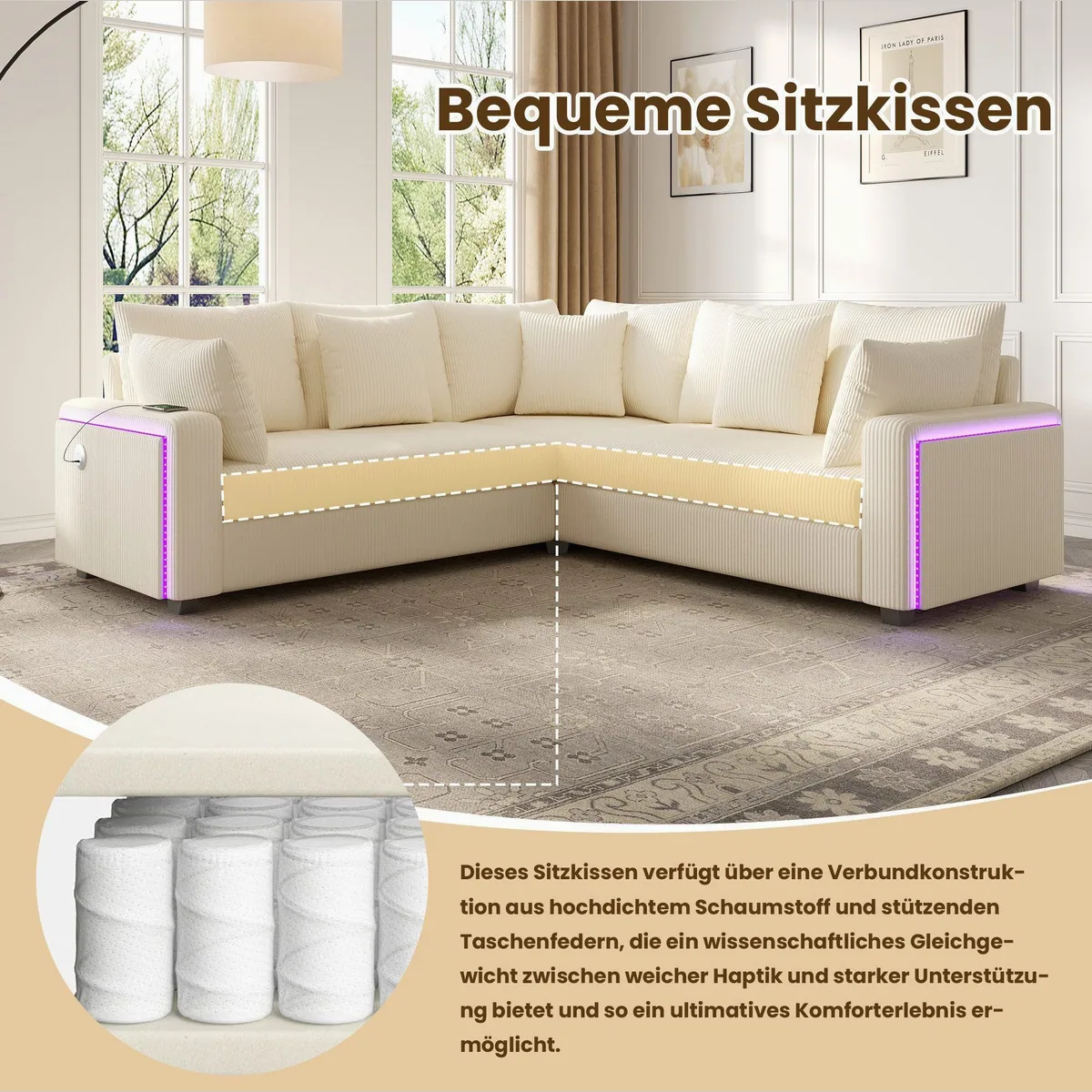 Merax Ecksofa mit LED-Beleuchtung, USB-Anschlüssen, Cordstoff — L-förmiges 5-Sitzer Sofa 5