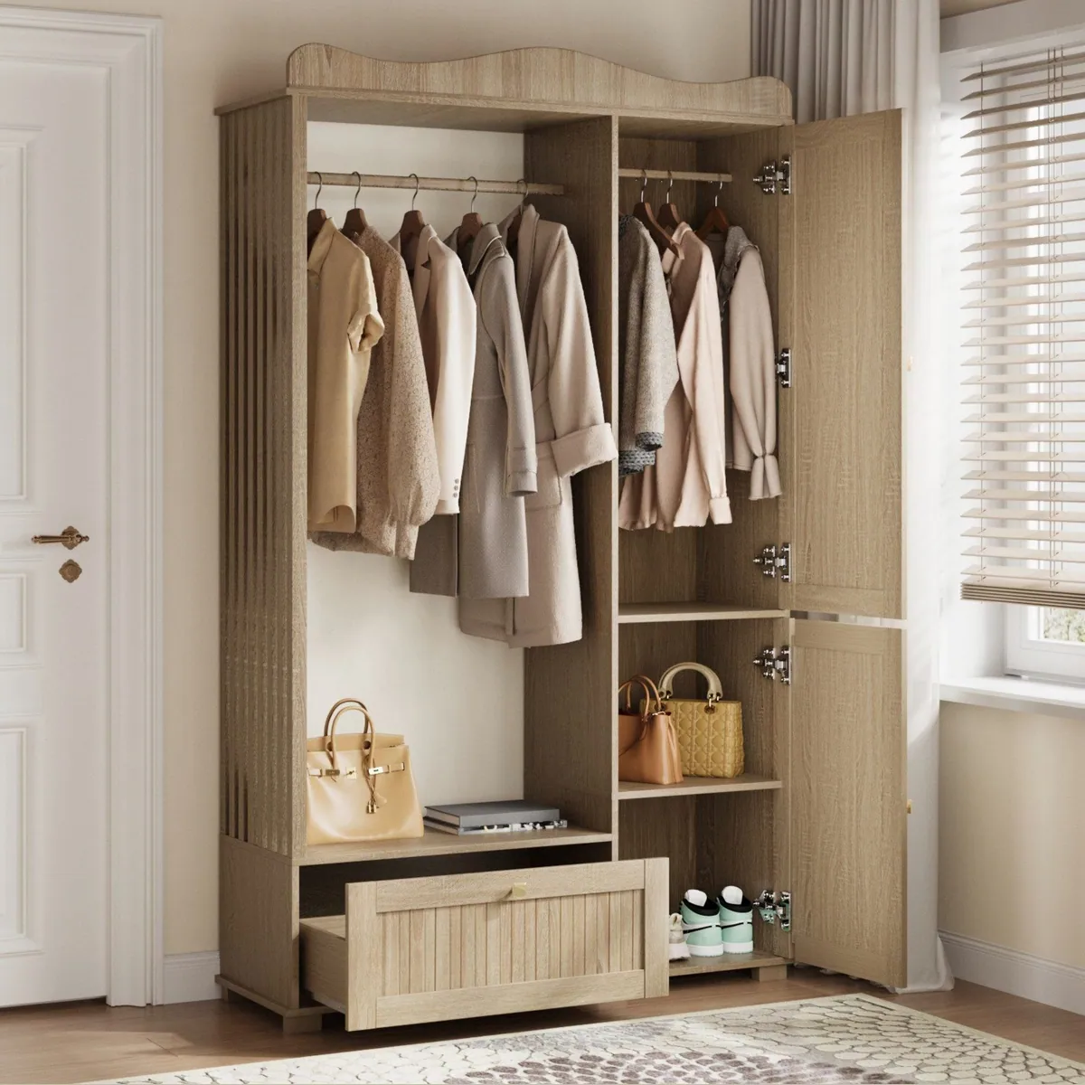 Merax Garderobenschrank mit Spiegel und offener Kleiderstange, elegante Funktionalität für jeden Raum