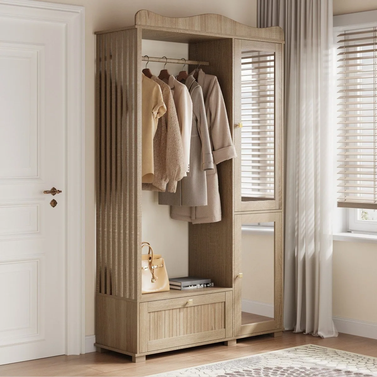 Merax Garderobenschrank mit Spiegel und offener Kleiderstange, elegante Funktionalität für jeden Raum 2