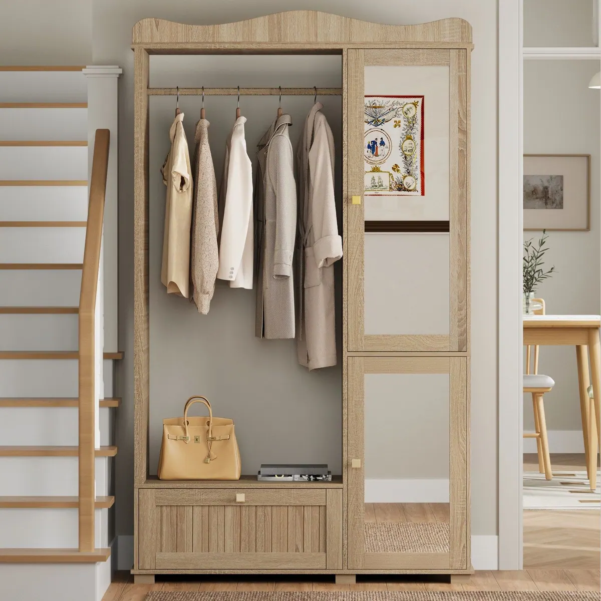 Merax Garderobenschrank mit Spiegel und offener Kleiderstange, elegante Funktionalität für jeden Raum 3