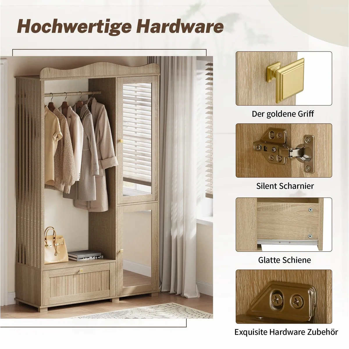 Merax Garderobenschrank mit Spiegel und offener Kleiderstange, elegante Funktionalität für jeden Raum 4