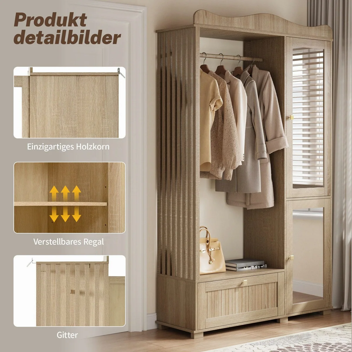 Merax Garderobenschrank mit Spiegel und offener Kleiderstange, elegante Funktionalität für jeden Raum 5