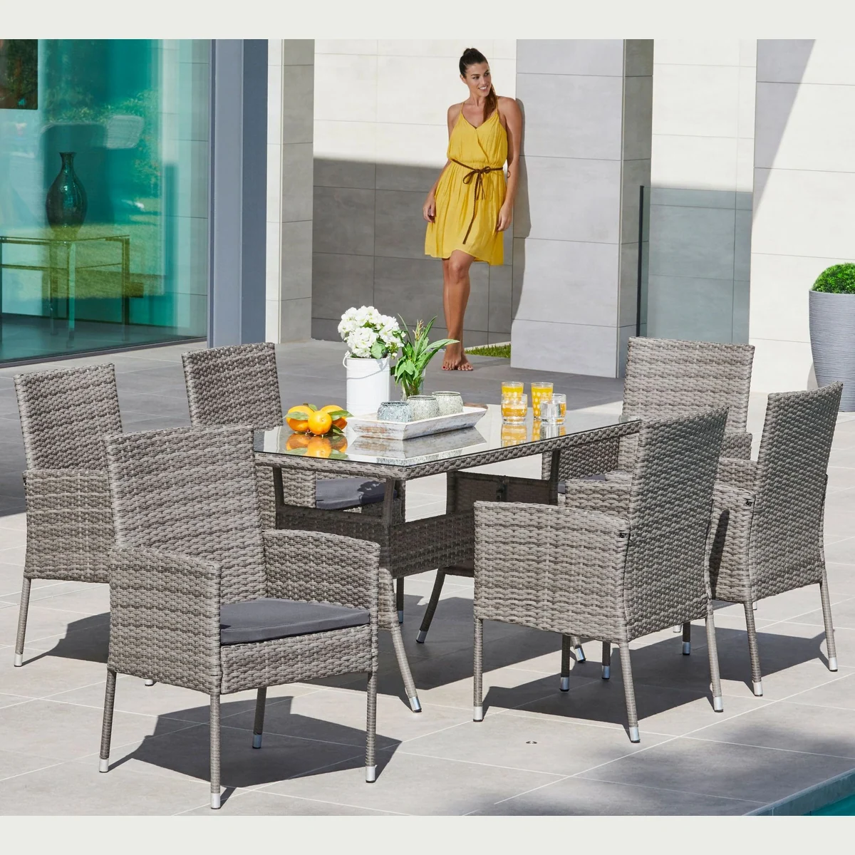 MERXX Garten-Essgruppe Costa Rica, 13-tlg., 6 Sessel & Tisch 140x80 cm