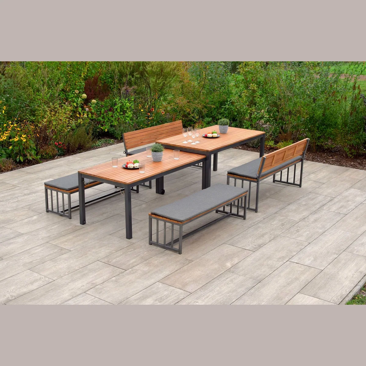 MERXX Garten-Essgruppe Milos, 10-teilig, 4 Bänke & 2 Tische — platzsparend, modernes Design, FSC-zertifiziert 4