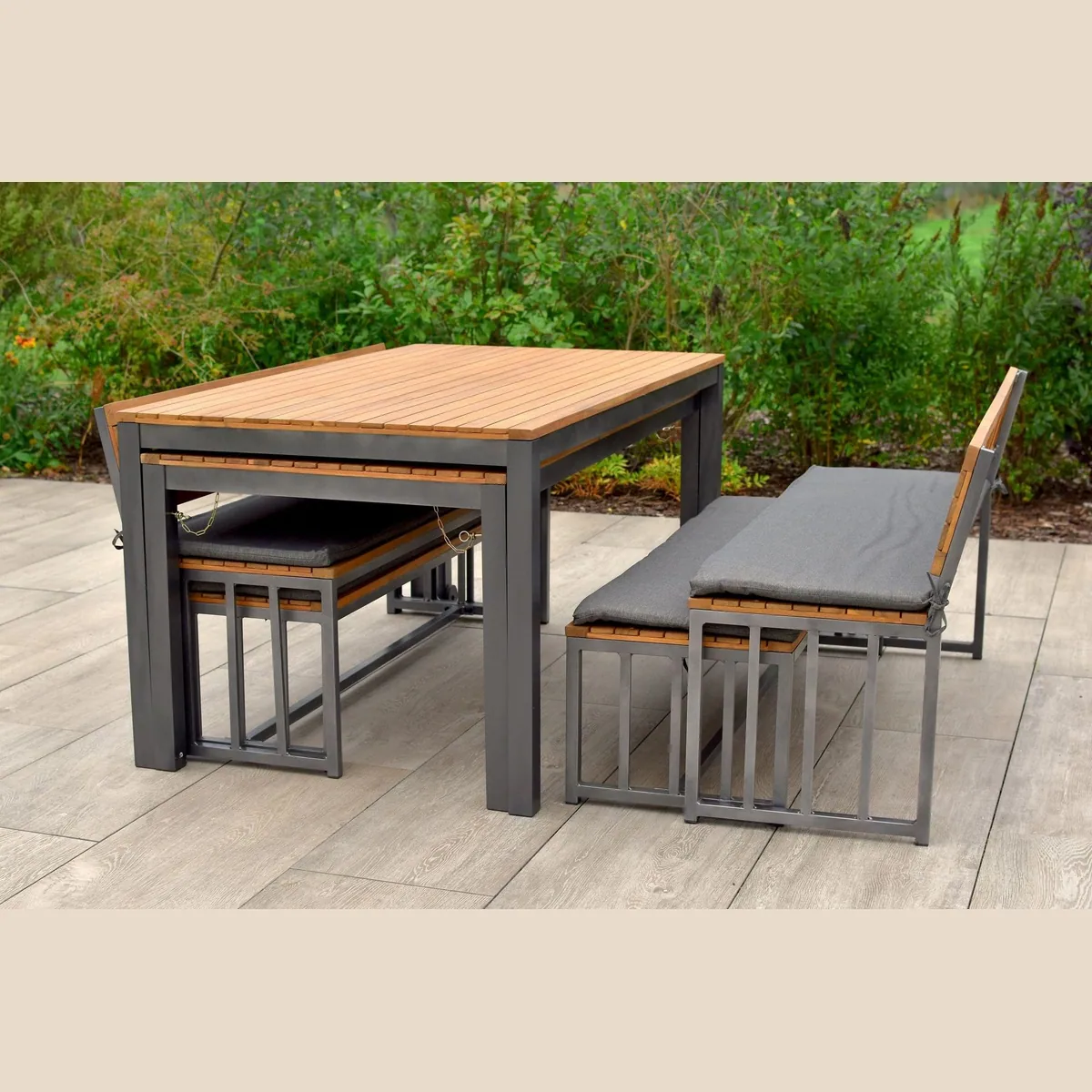 MERXX Garten-Essgruppe Milos, 10-teilig, 4 Bänke & 2 Tische — platzsparend, modernes Design, FSC-zertifiziert 5