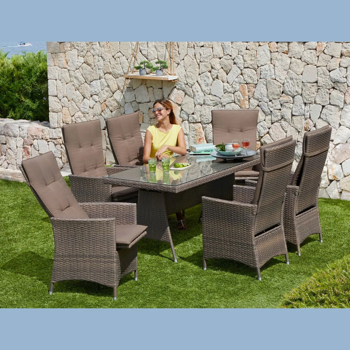 MERXX Garten-Essgruppe Valencia, 6 verstellbare Relaxsessel, 1 Tisch 150x80 cm