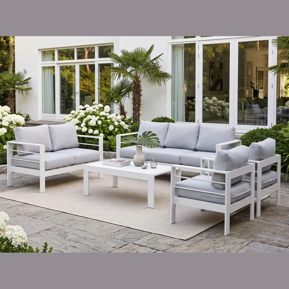 MeXo Gartenlounge-Set, wetterfest, 6-7 Personen, 12cm Relax-Sitzkissen — Aluminium, leicht zu reinigen, einfache Montage