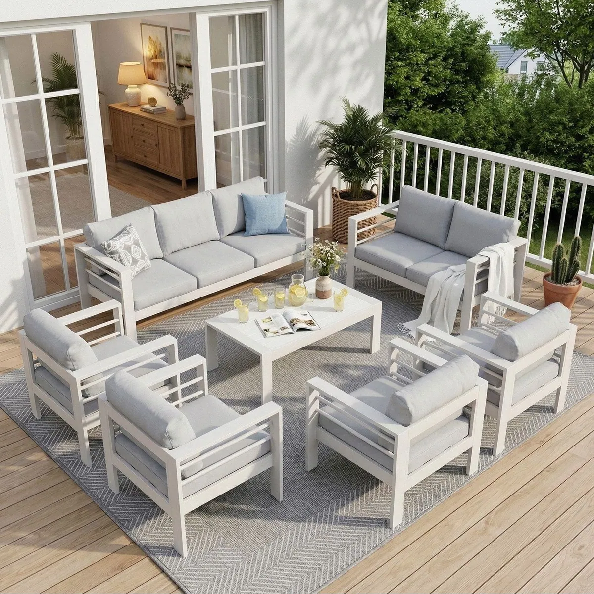 MeXo Gartenlounge-Set, wetterfest, 6-7 Personen, 12cm Relax-Sitzkissen — Aluminium, leicht zu reinigen, einfache Montage 4