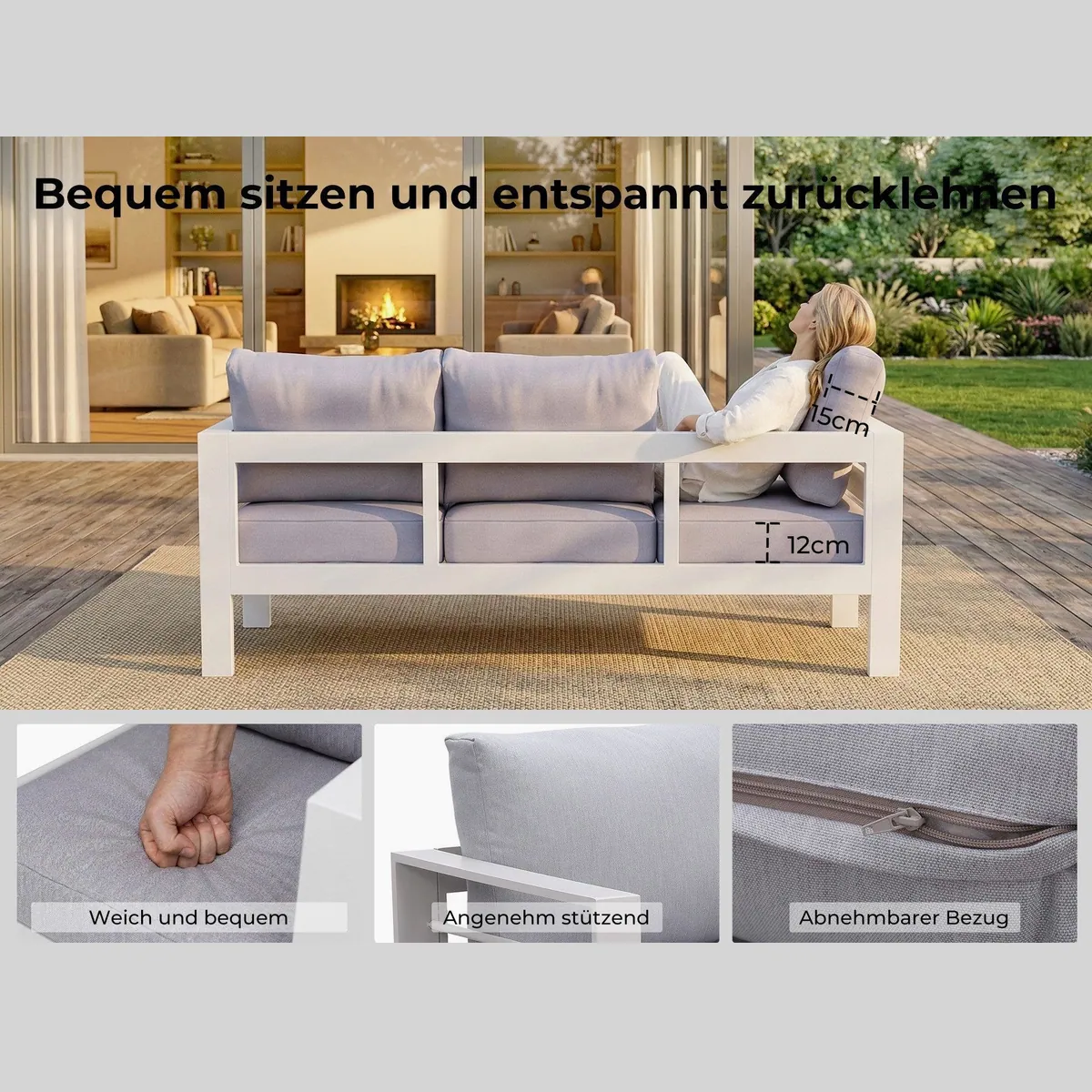 MeXo Gartenlounge-Set, wetterfest, 6-7 Personen, 12cm Relax-Sitzkissen — Aluminium, leicht zu reinigen, einfache Montage 5