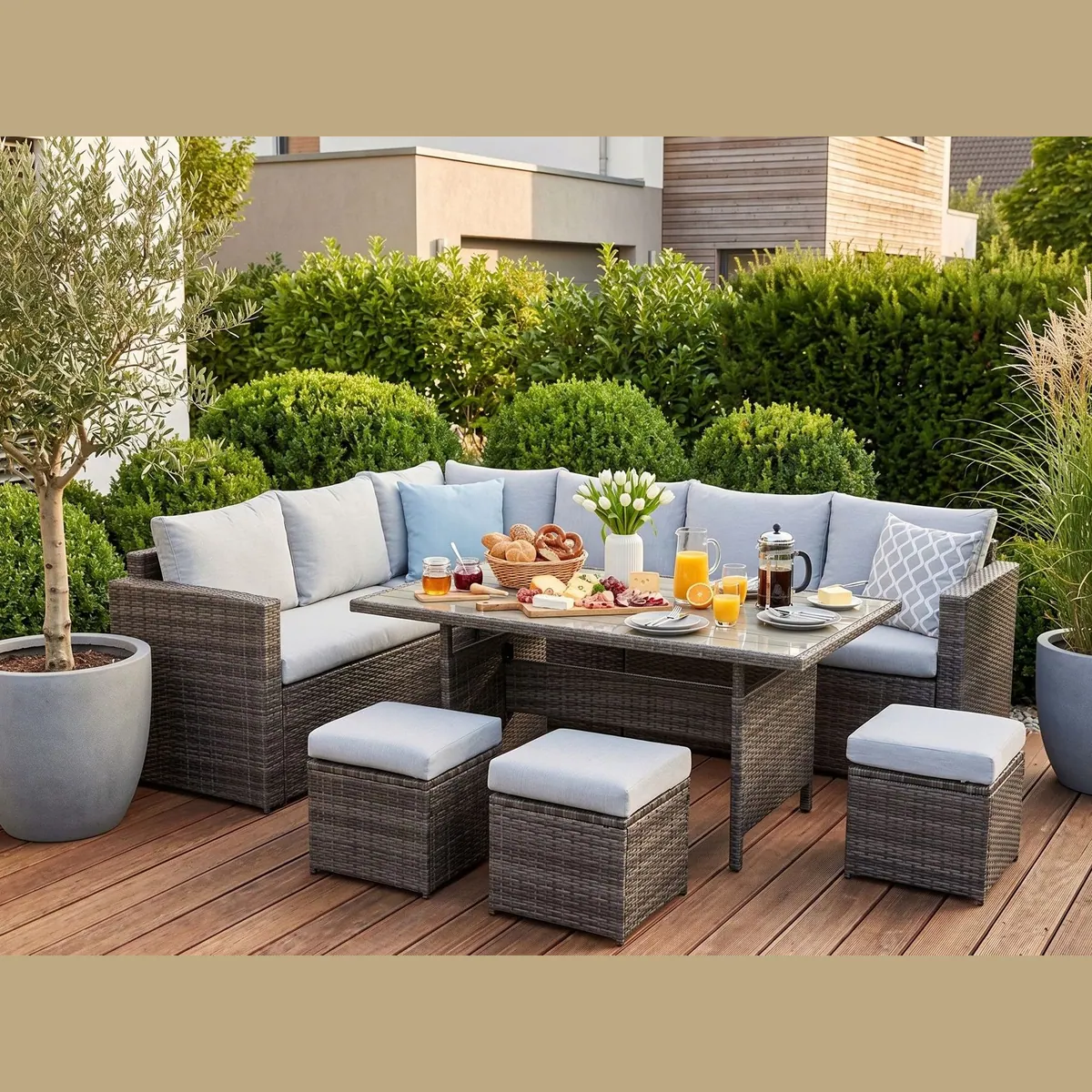 MeXo Gartenlounge Set, 7-teilig, wetterfest, für 8 Personen — Modular, pflegeleicht, robust