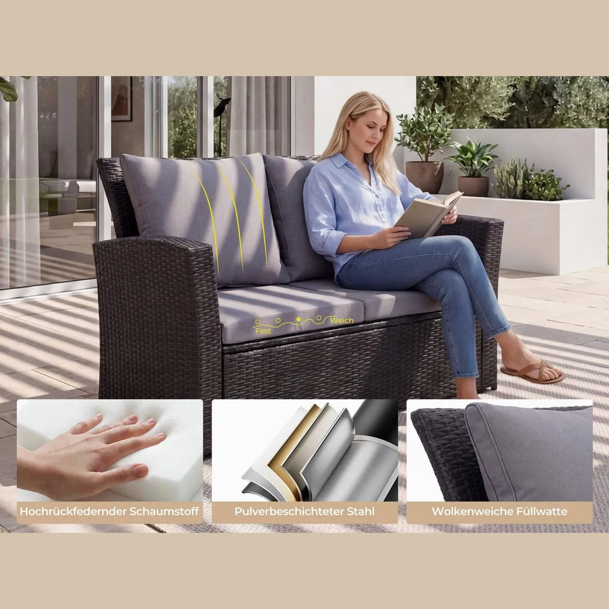 MeXo Gartenlounge-Set Polyrattan, wetterfest, ergonomisch, 4-tlg. — für Komfort im Außenbereich 5